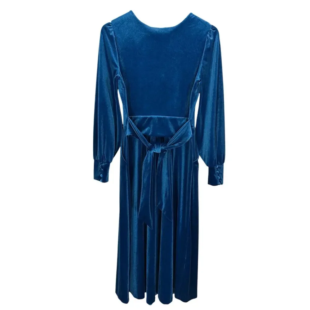 Boden Rita Velvet Maxi Dress Blue Depths A-Line Size 6R Elegant Stretch